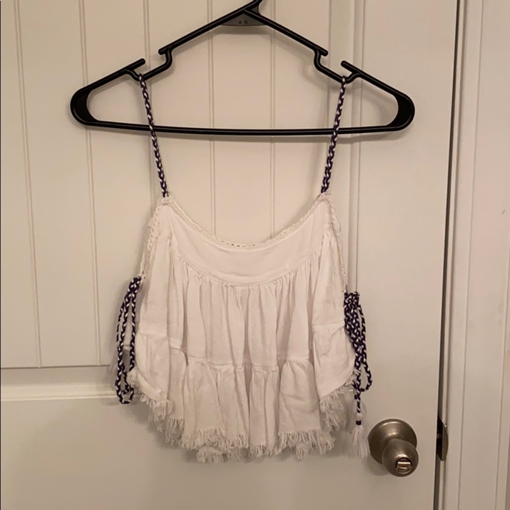 White and blue Crop top with tassel ties down side